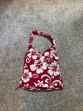 Red & White Floral Halter Tankini Top